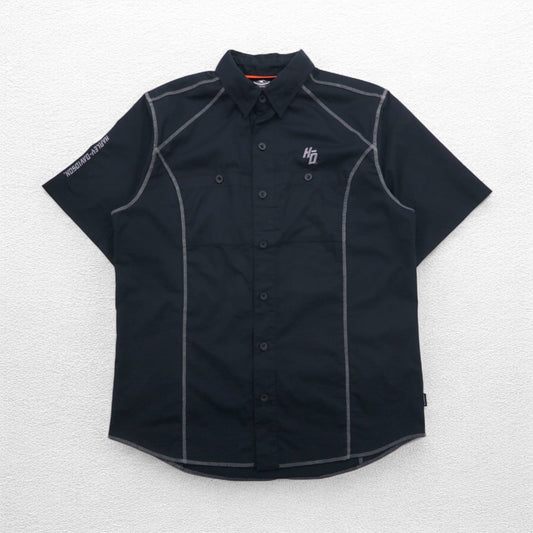 HARLEY DAVIDSON 半袖 ワークシャツ L ブラック ダブルポケット ワンポイントロゴ刺繍