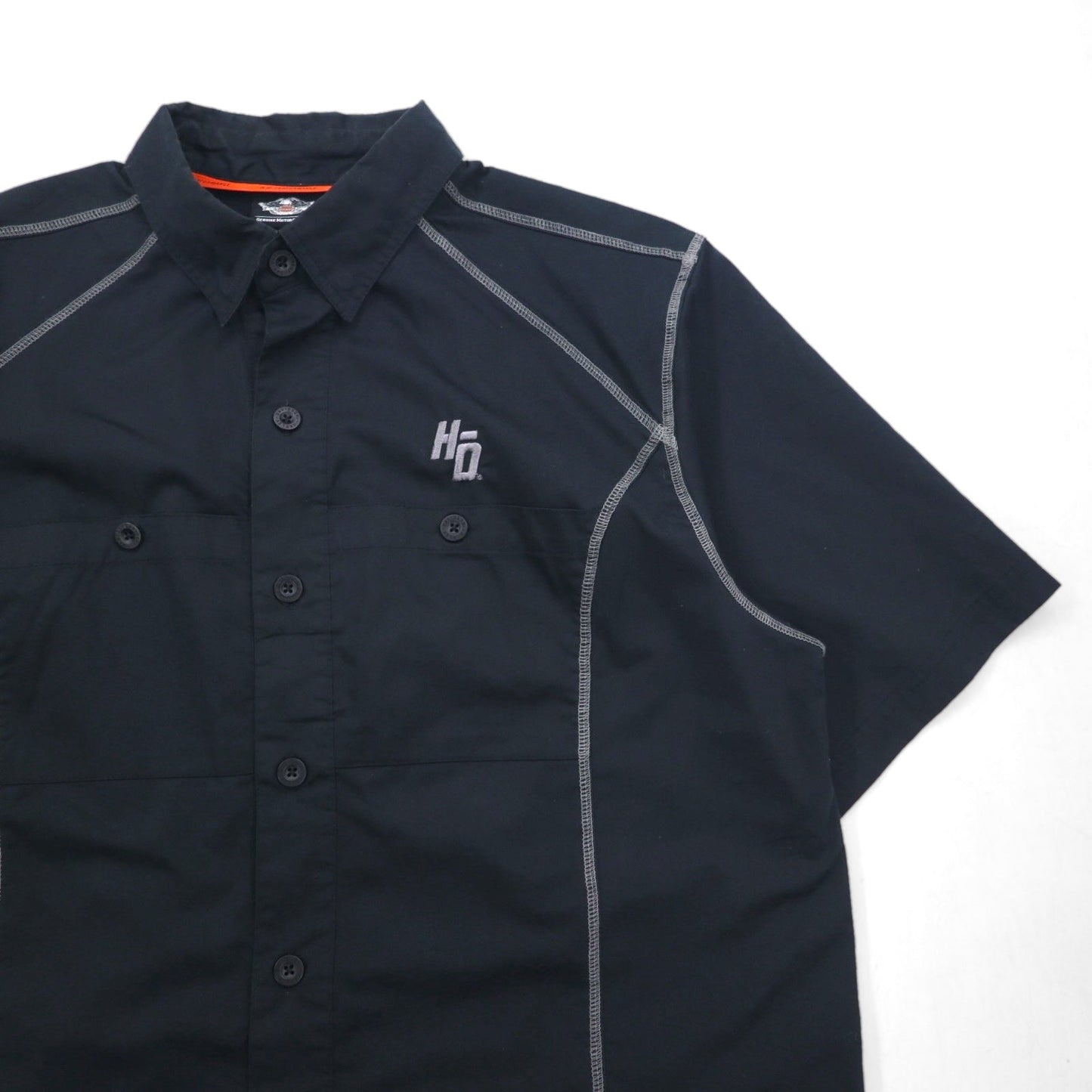 HARLEY DAVIDSON 半袖 ワークシャツ L ブラック ダブルポケット ワンポイントロゴ刺繍