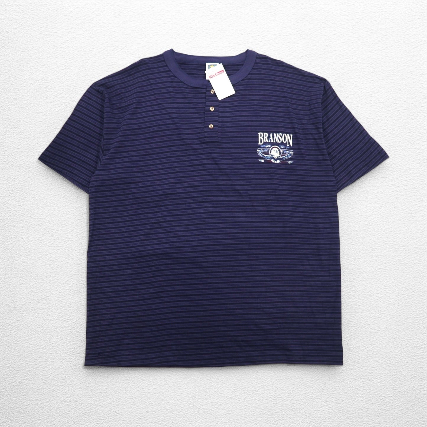USA製 90年代 COTTON DELUXE シングルステッチ ヘンリーネック Tシャツ 2XL ネイビー ボーダー BRANSON 未使用品