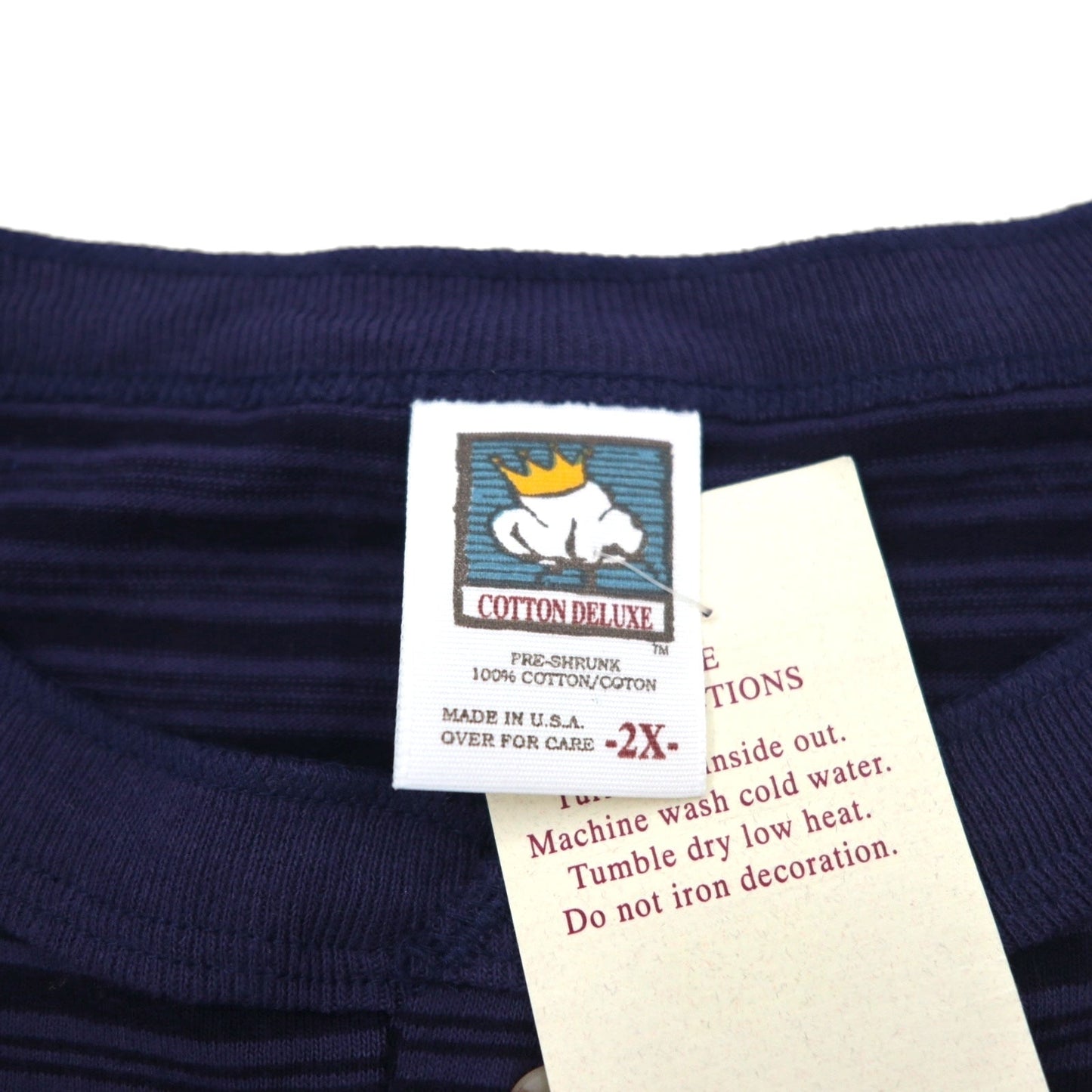 USA製 90年代 COTTON DELUXE シングルステッチ ヘンリーネック Tシャツ 2XL ネイビー ボーダー BRANSON 未使用品
