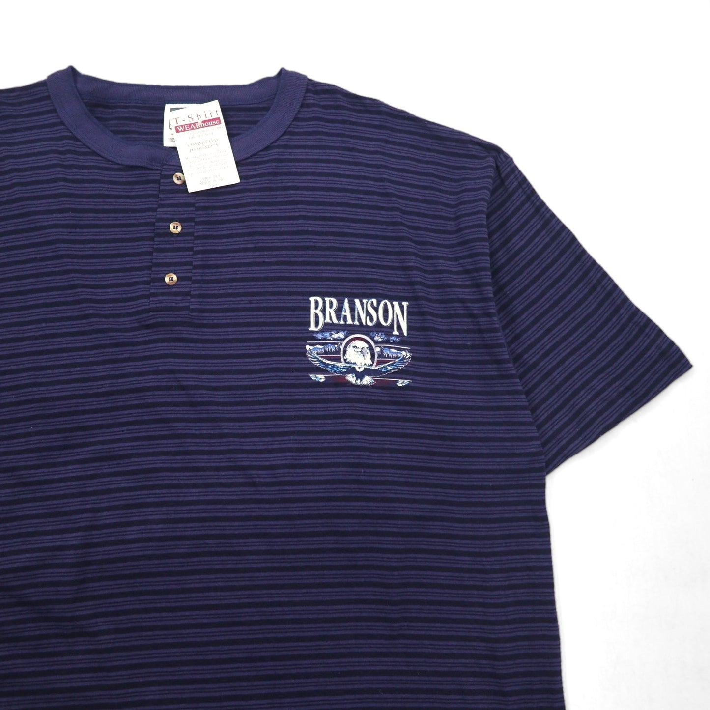 USA製 90年代 COTTON DELUXE シングルステッチ ヘンリーネック Tシャツ 2XL ネイビー ボーダー BRANSON 未使用品