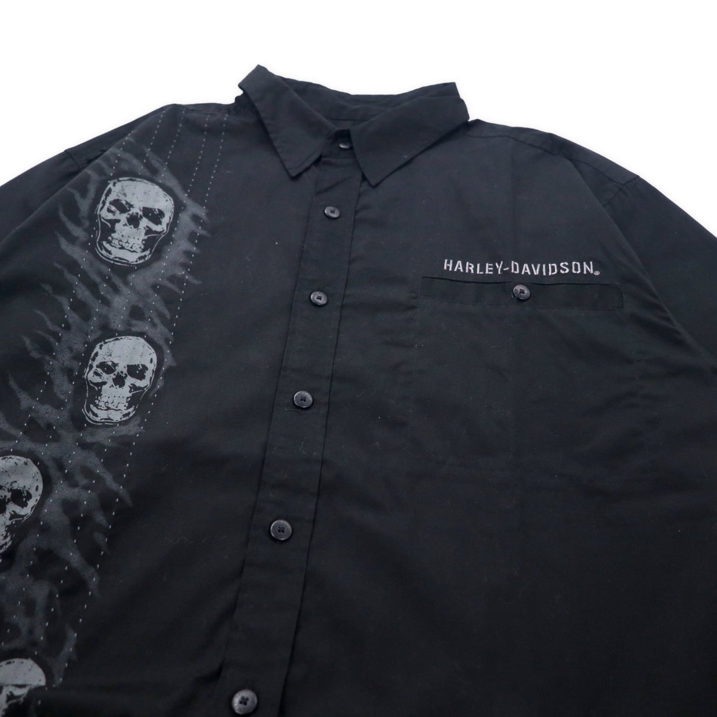 HARLEY DAVIDSON スカルプリント シャツ XL ブラック コットン ロゴ刺繍 刺子 ビッグサイズ