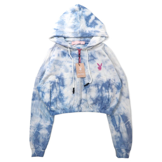 PLAYBOY × MISSGUIDED タイダイ ハーフジップ パーカー クロップド丈 4 ブルー ホワイト コットン バックロゴプリント TIE DYE ZIP THROUGH CROP HOODY 未使用品