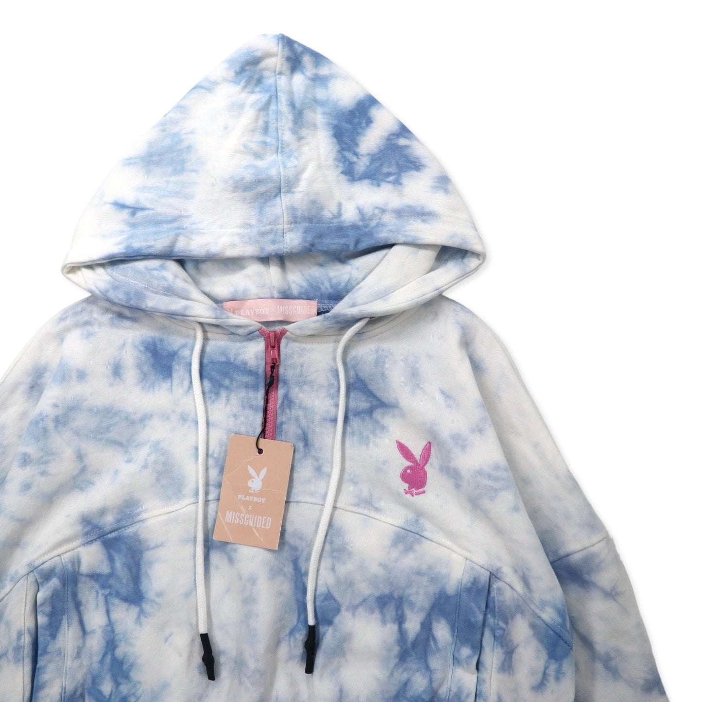PLAYBOY × MISSGUIDED タイダイ ハーフジップ パーカー クロップド丈 4 ブルー ホワイト コットン バックロゴプリント TIE DYE ZIP THROUGH CROP HOODY 未使用品