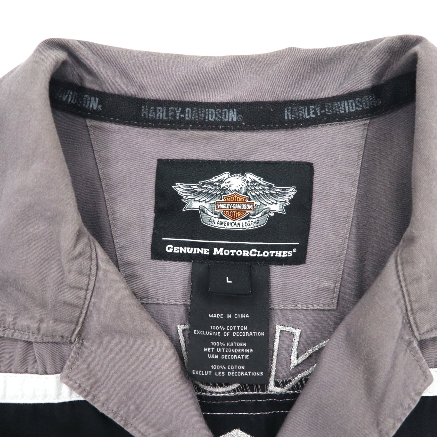 HARLEY DAVIDSON 半袖 ワークシャツ L グレー ブラック バックロゴ刺繍