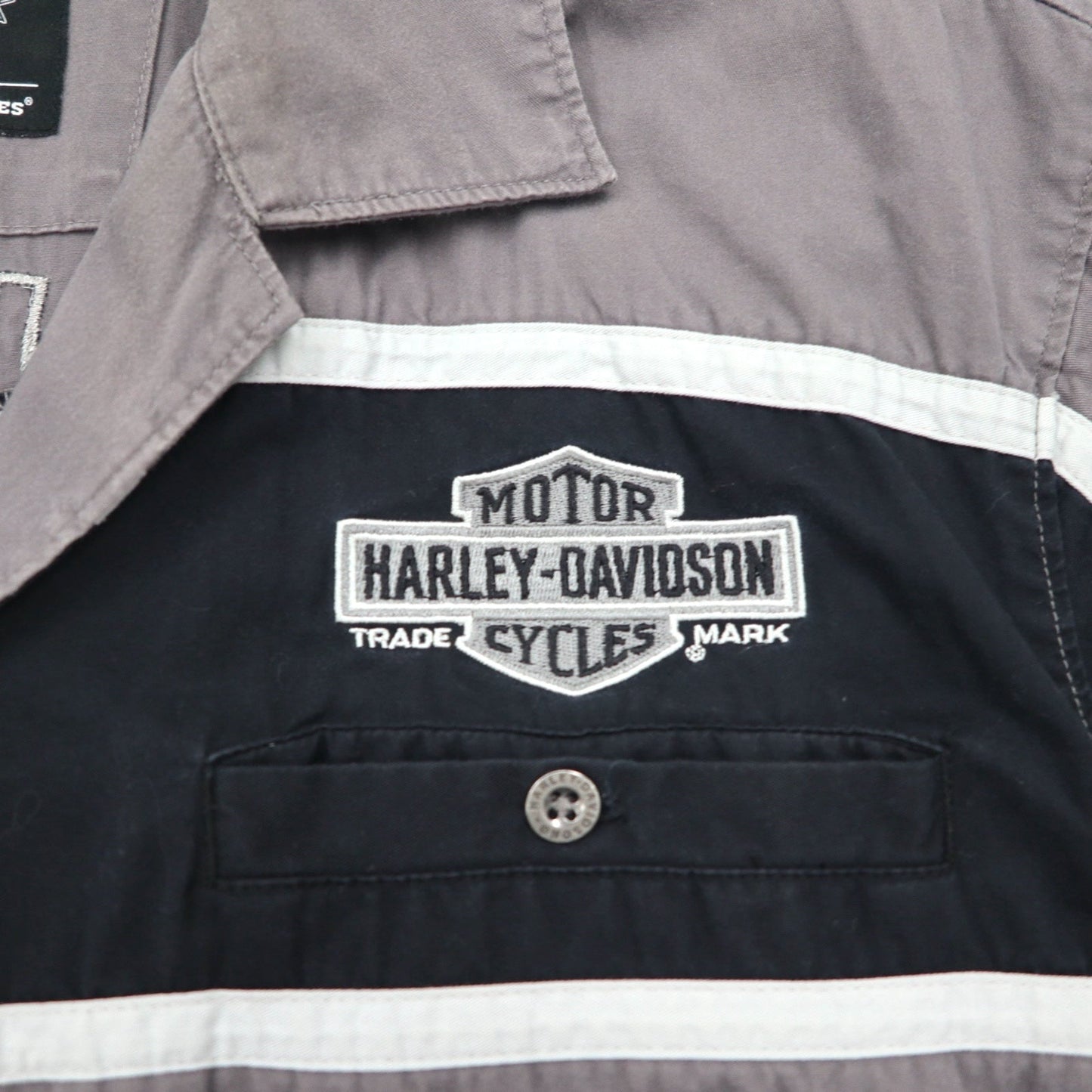HARLEY DAVIDSON 半袖 ワークシャツ L グレー ブラック バックロゴ刺繍