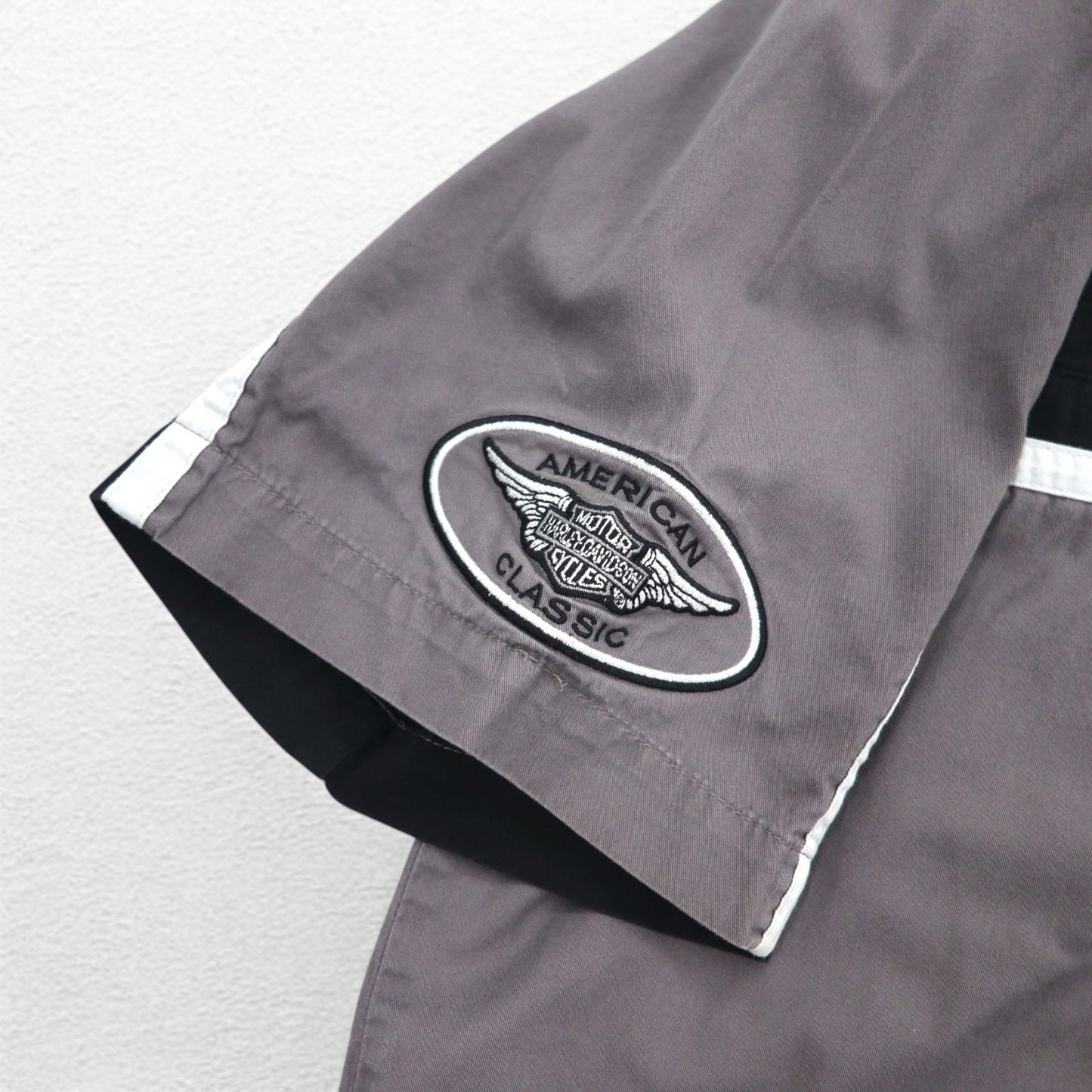 HARLEY DAVIDSON 半袖 ワークシャツ L グレー ブラック バックロゴ刺繍