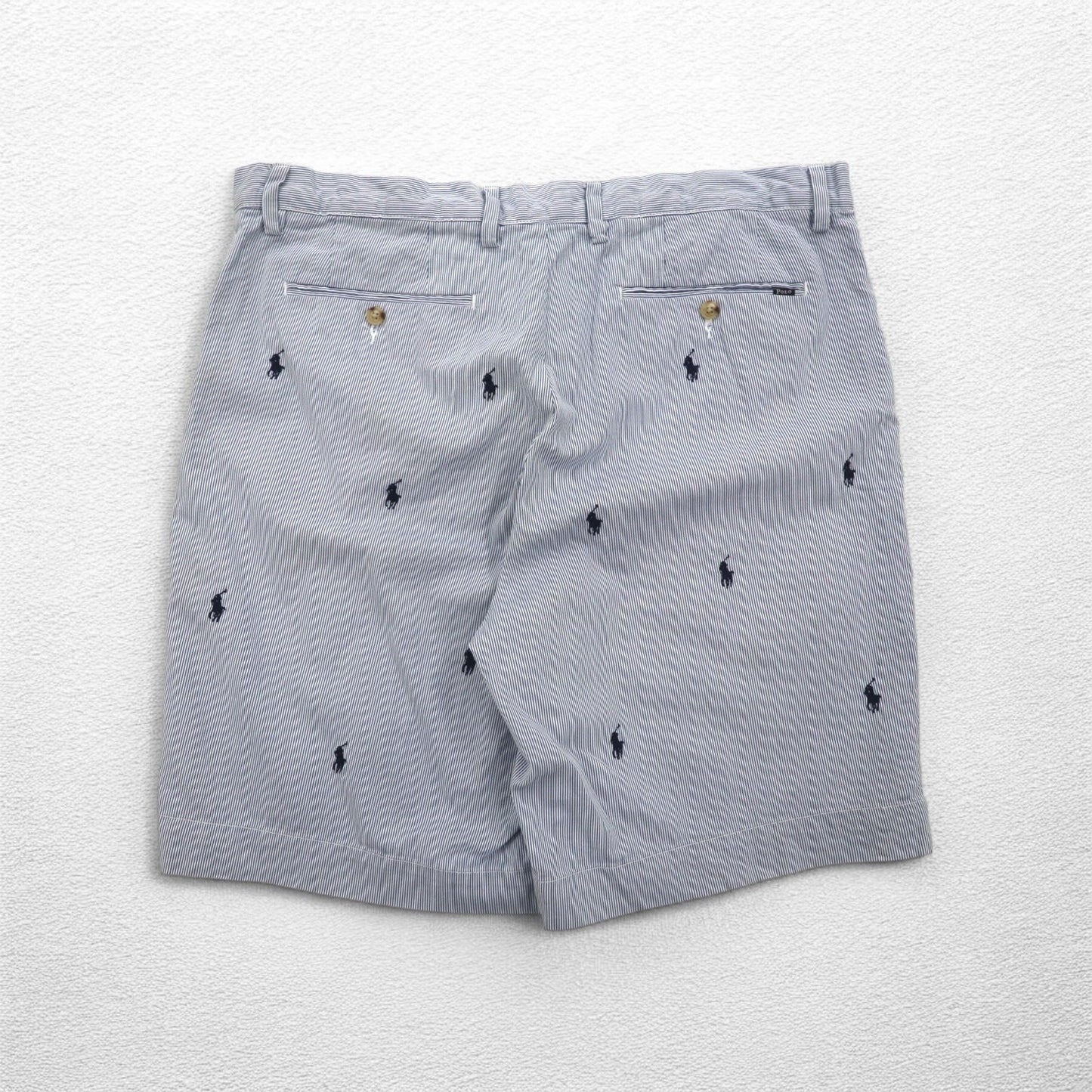 POLO RALPH LAUREN シアサッカー ショートパンツ ハーフパンツ L ストライプ ブルー ホワイト CLASSIC FIT 刺繍 オールオーバーポニー