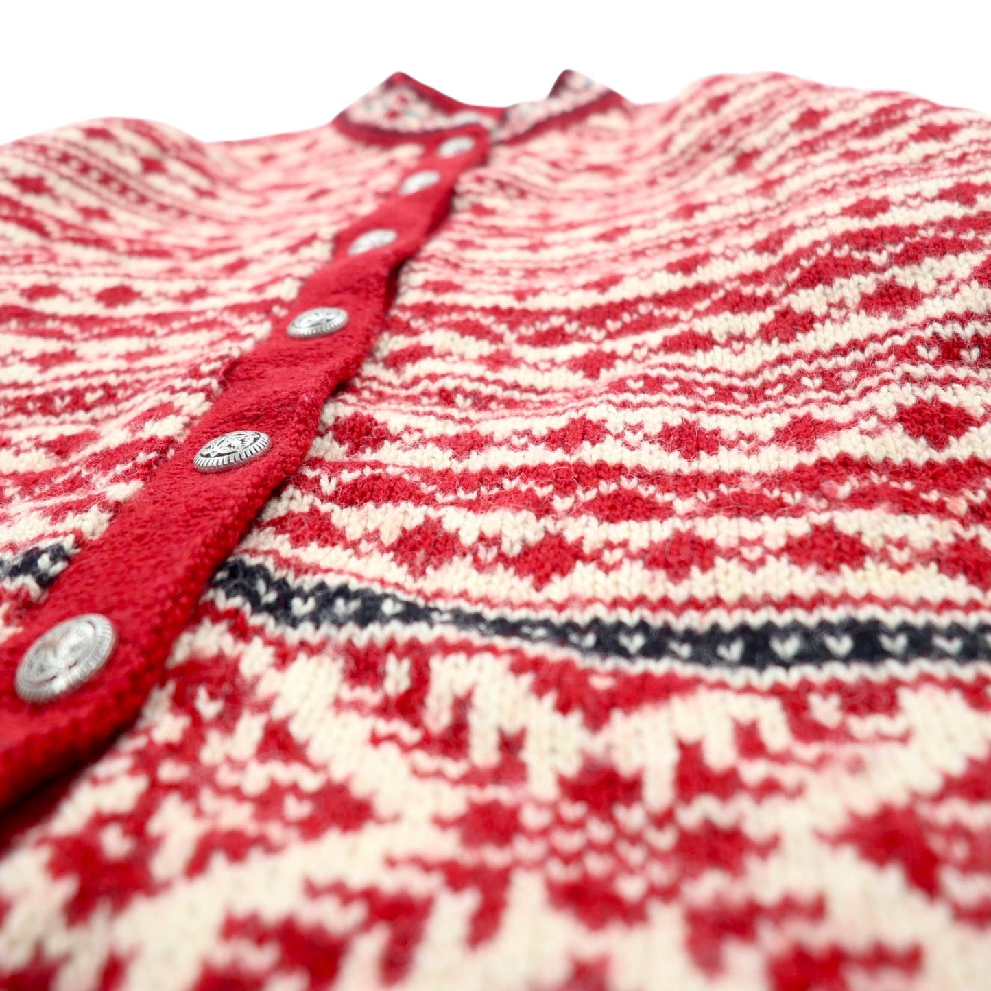 L.L.Bean 90年代 USA製 チロル ニット カーディガン S レッド ホワイト ウール 総柄 チロリアン ノルディック柄 コンチョボタン HT72