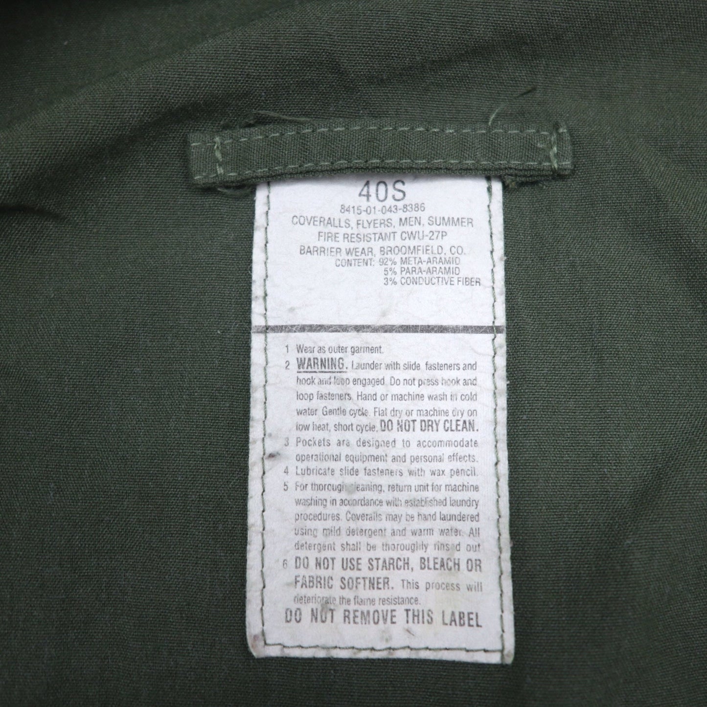 US ARMY 米軍 CWU-27P COVERALLS FLYERS フライトスーツ オールインワン ツナギ L カーキ アラミド 難燃 ミリタリー 8415-01-043-8386 BROOMFIELD,Co.