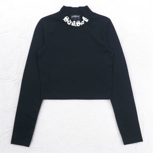 STUSSY クロップド ハイネックトップ ロンT S ブラック コットン ロゴプリント 214301