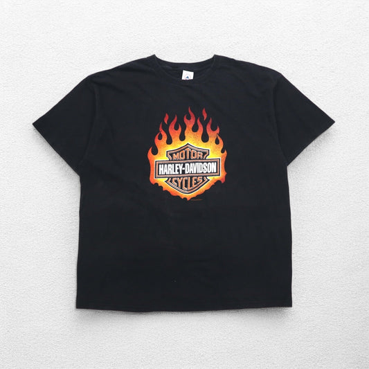 HARLEY DAVIDSON USA製 DELTA ボディ ファイヤーパターン Tシャツ 2XL ブラック ロゴプリント PRO WEIGHT