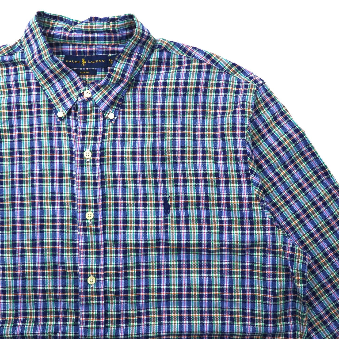 RALPH LAUREN ボタンダウンシャツ XL ブルー チェック コットン SLIM FIT スモールポニー刺繍
