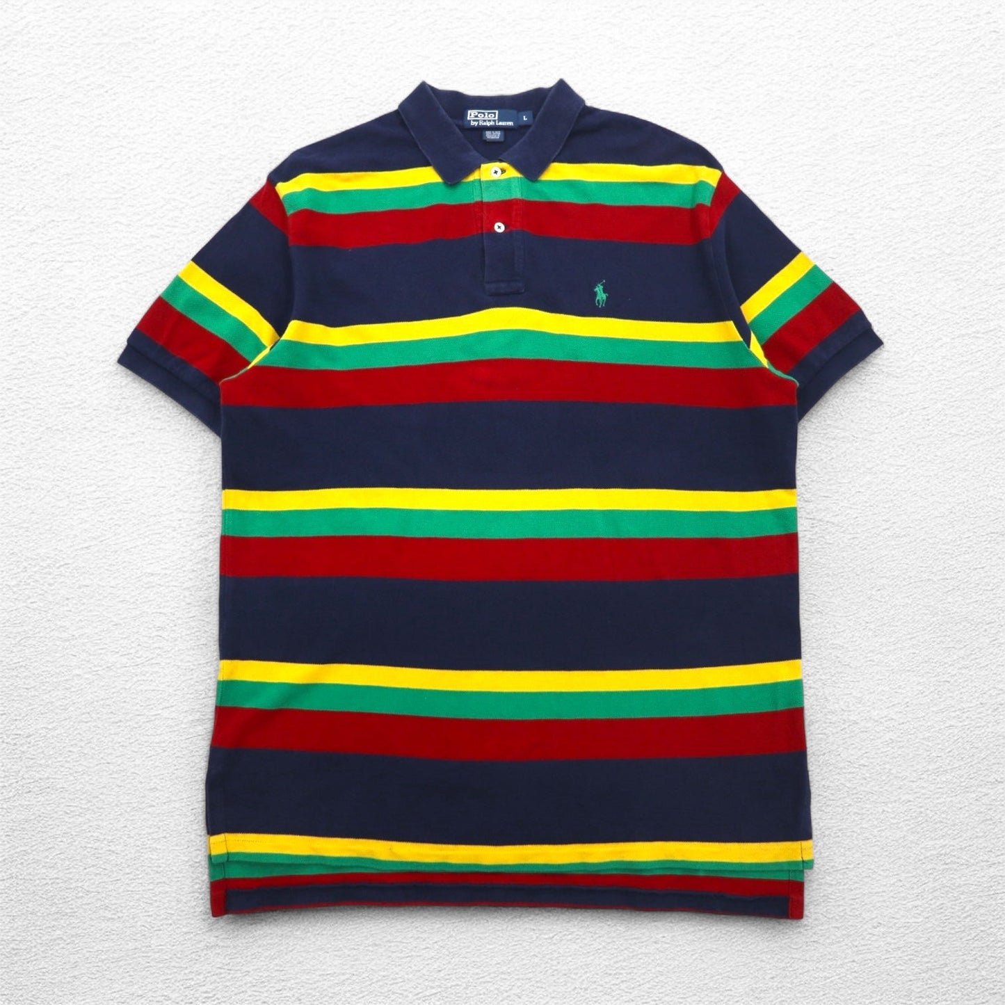 Polo by Ralph Lauren 90年代 マルチボーダー ポロシャツ L ネイビー ラスタカラー 鹿の子 スモールポニー刺繍
