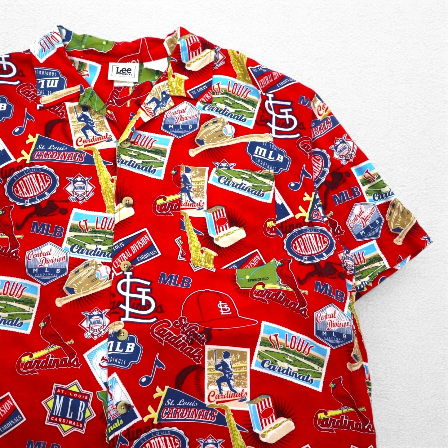 Lee SPORT 90年代 MLB 開襟 オープンカラー アロハシャツ XL レッド レーヨン 総柄