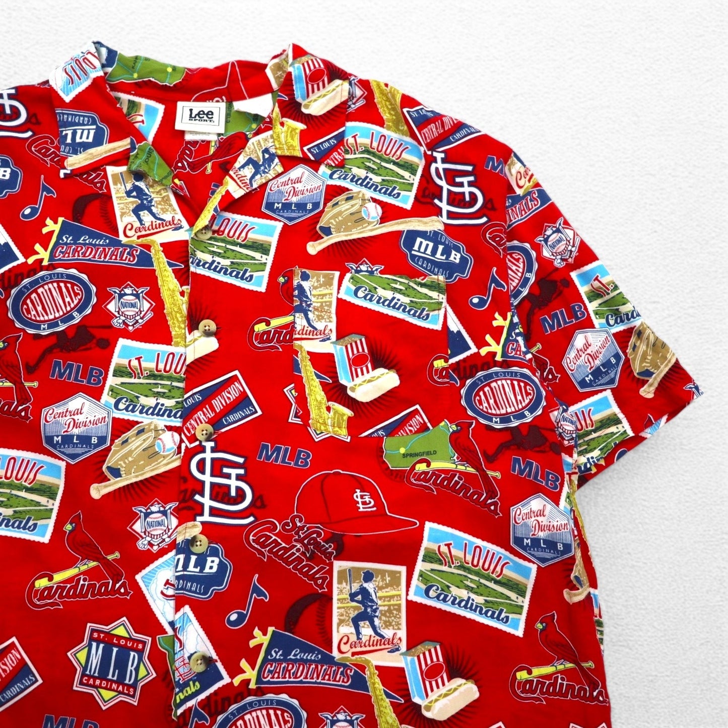 Lee SPORT 90年代 MLB 開襟 オープンカラー アロハシャツ XL レッド レーヨン 総柄