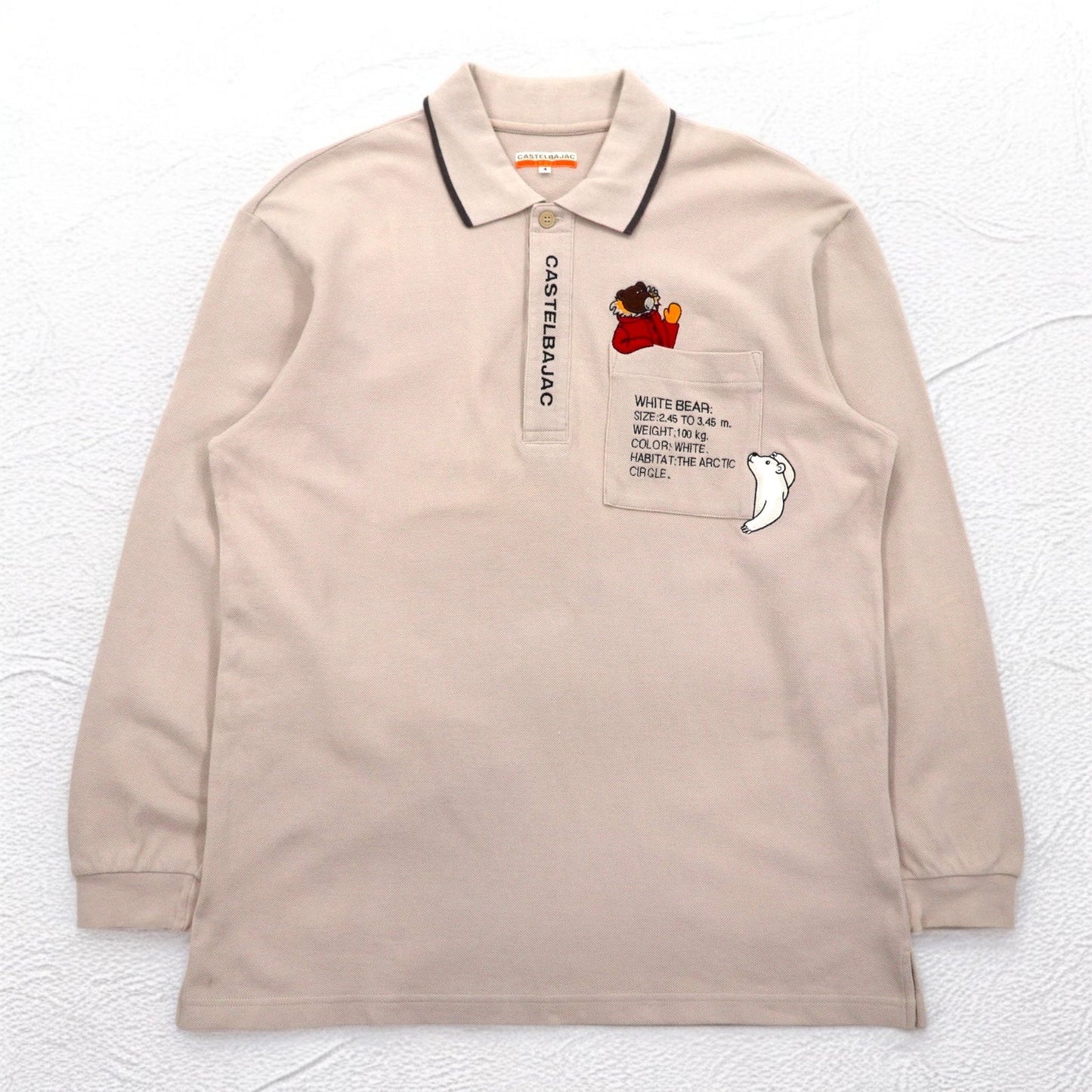 CASTELBAJAC SPORT 90年代長袖ポロシャツ XL ベージュ コットン キャラクター刺繍