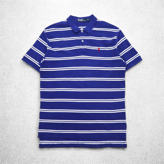 Polo by Ralph Lauren 90年代 ボーダー ポロシャツ M ブルー コットン 鹿の子 スモールポニー刺繍