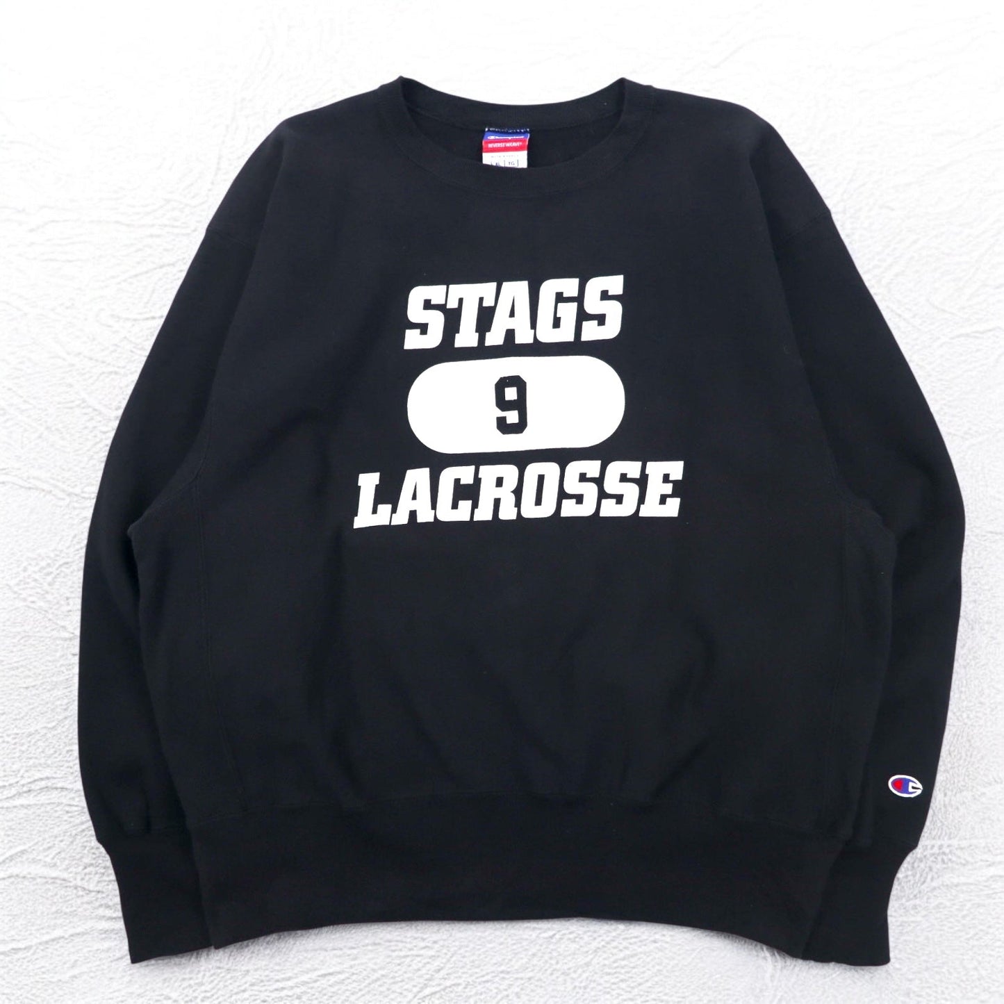 Champion リバースウィーブ REVERSE WEAVE カレッジ スウェット XL ブラック 裏起毛 STAGS LACROSSE 3段プリント メキシコ製