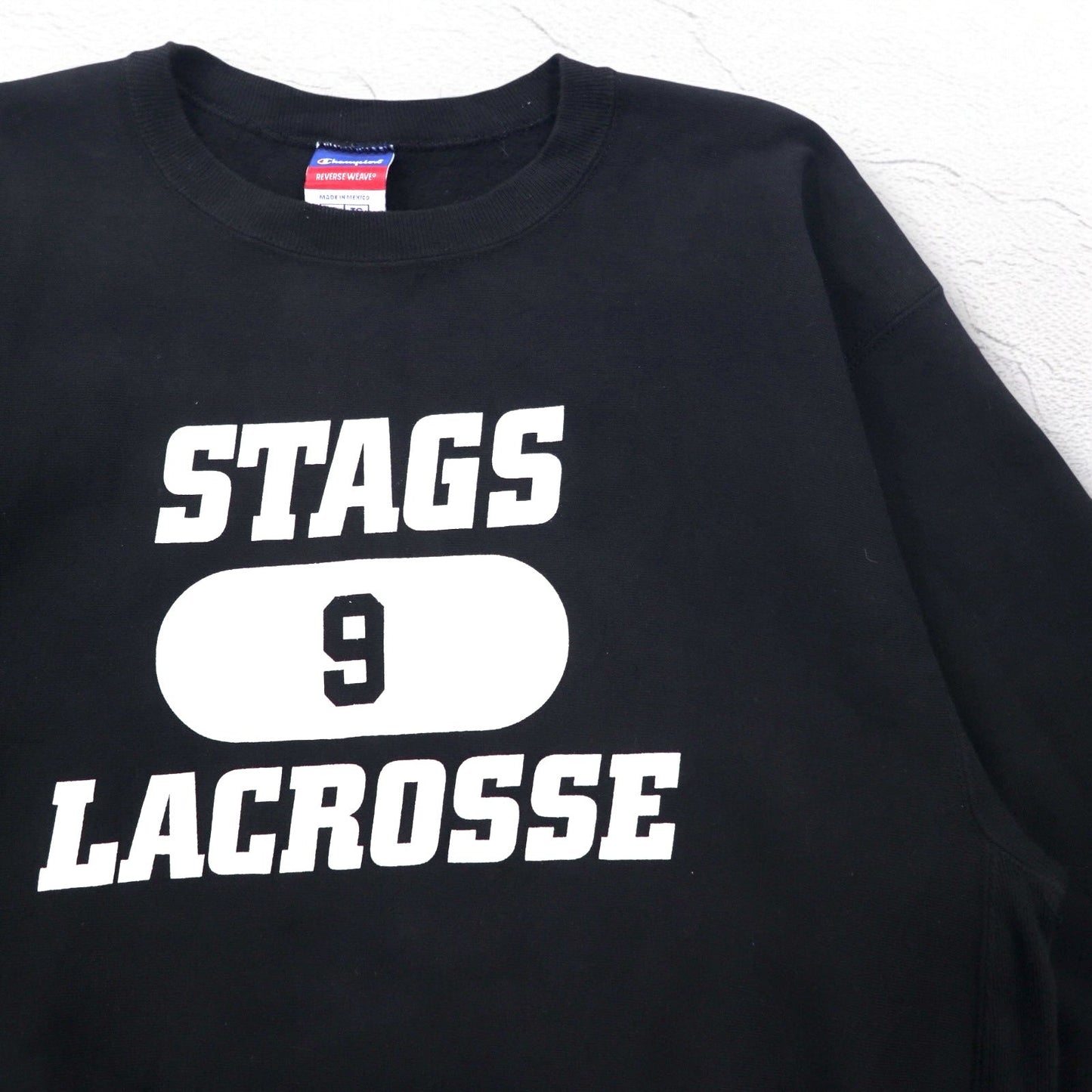 Champion リバースウィーブ REVERSE WEAVE カレッジ スウェット XL ブラック 裏起毛 STAGS LACROSSE 3段プリント メキシコ製