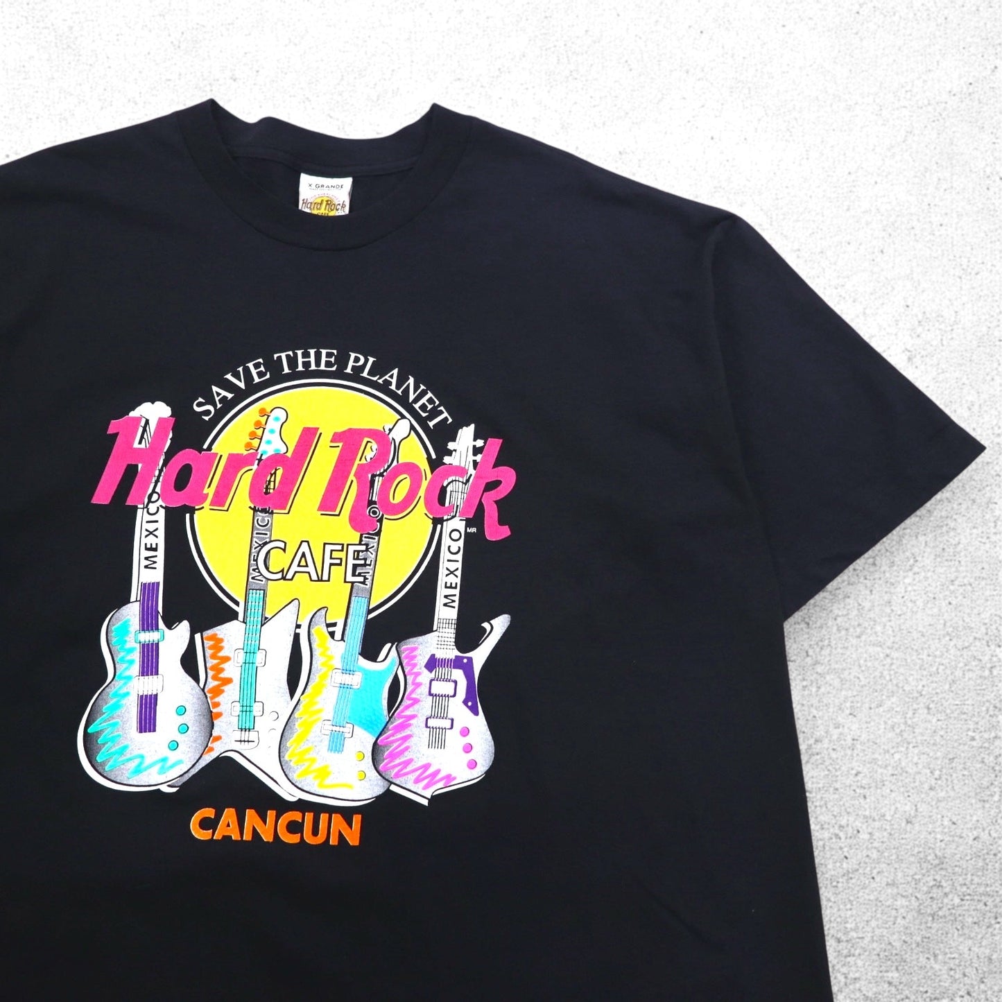 Hard Rock CAFE 90年代 ロゴプリント Tシャツ XL ブラック ギター ベース CANCUN メキシコ製
