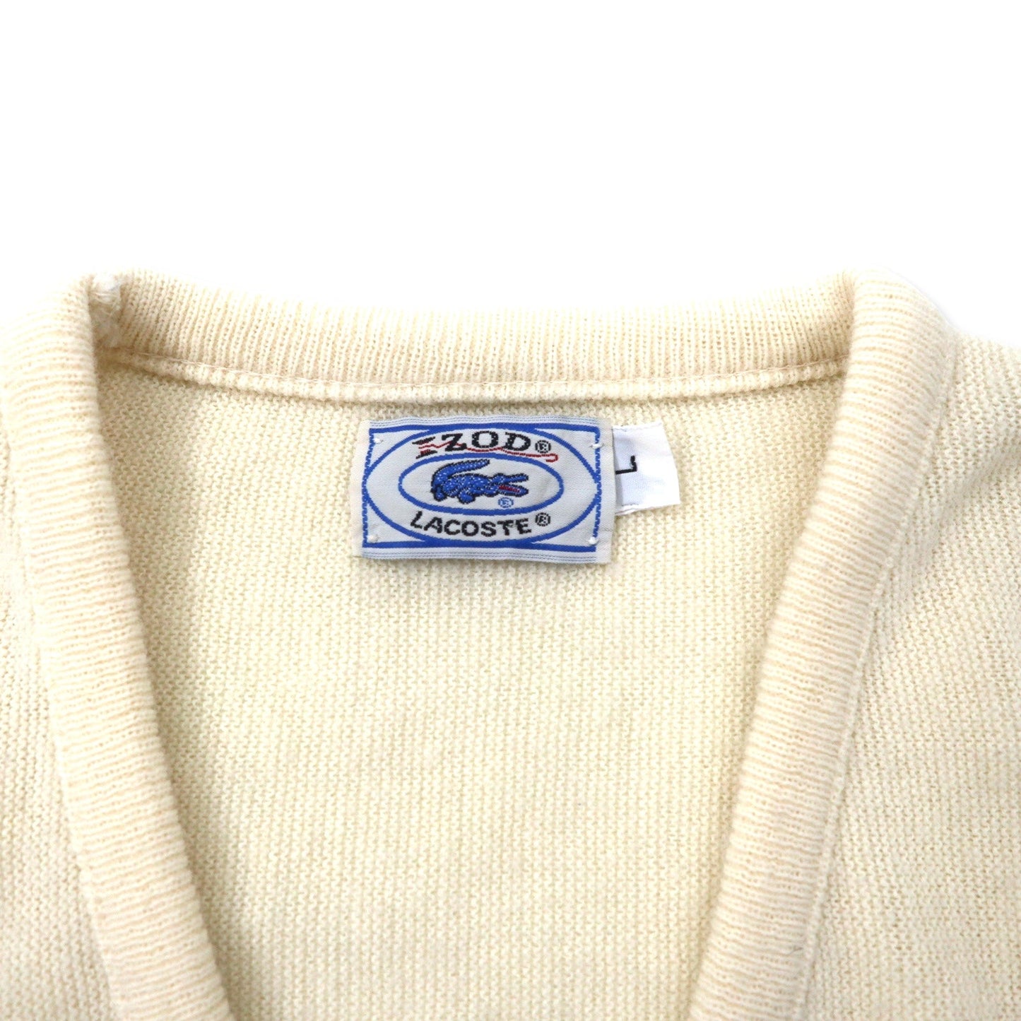 IZOD LACOSTE 70年代 糸巻きタグ Vネック アクリルニット セーター L ホワイト ワンポイントロゴ