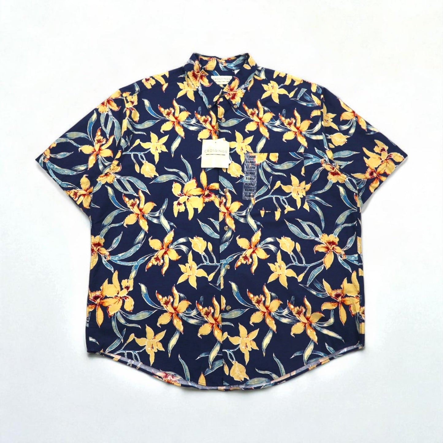 90年代 CROSSINGS ボタンダウン 花柄 アロハシャツ XL ネイビー コットン 総柄 未使用品