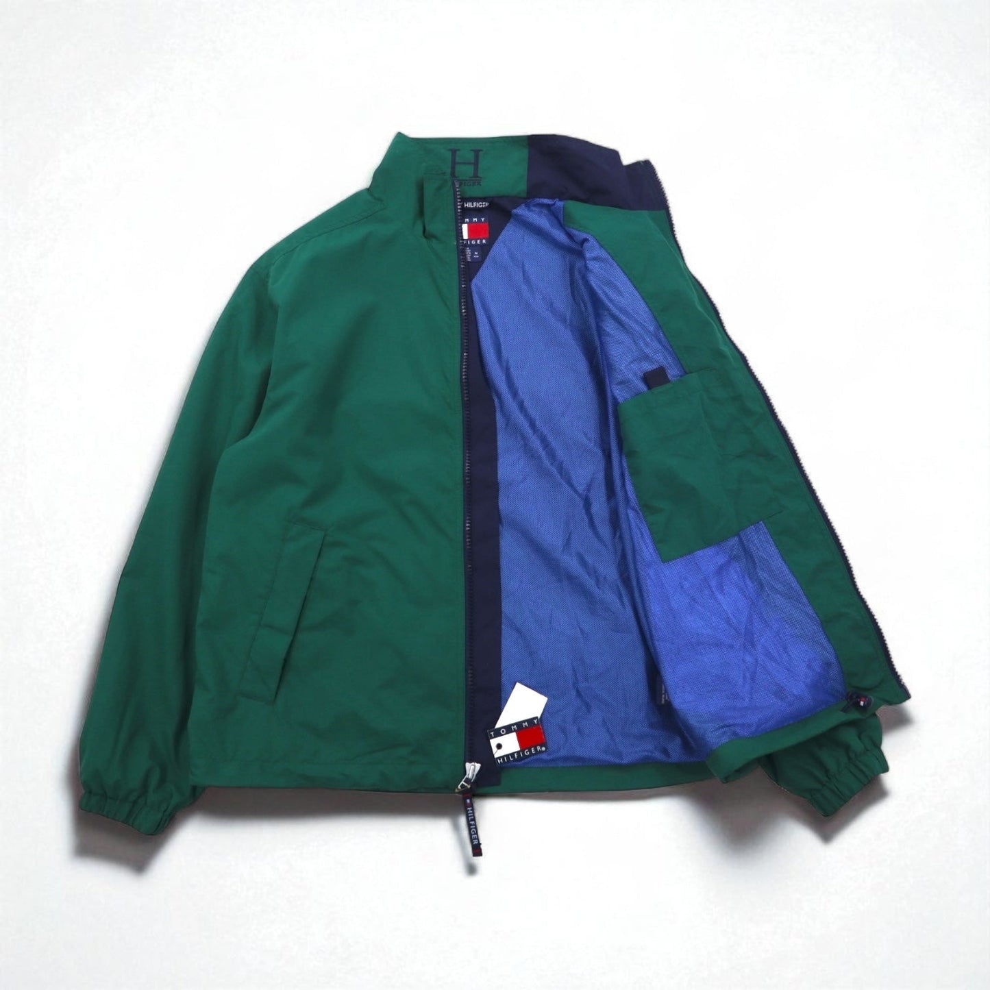 TOMMY HILFIGER 00年代 ジップアップ スポーツジャケット M グリーン 撥水 透湿 メッシュライナー ドローコード 未使用品
