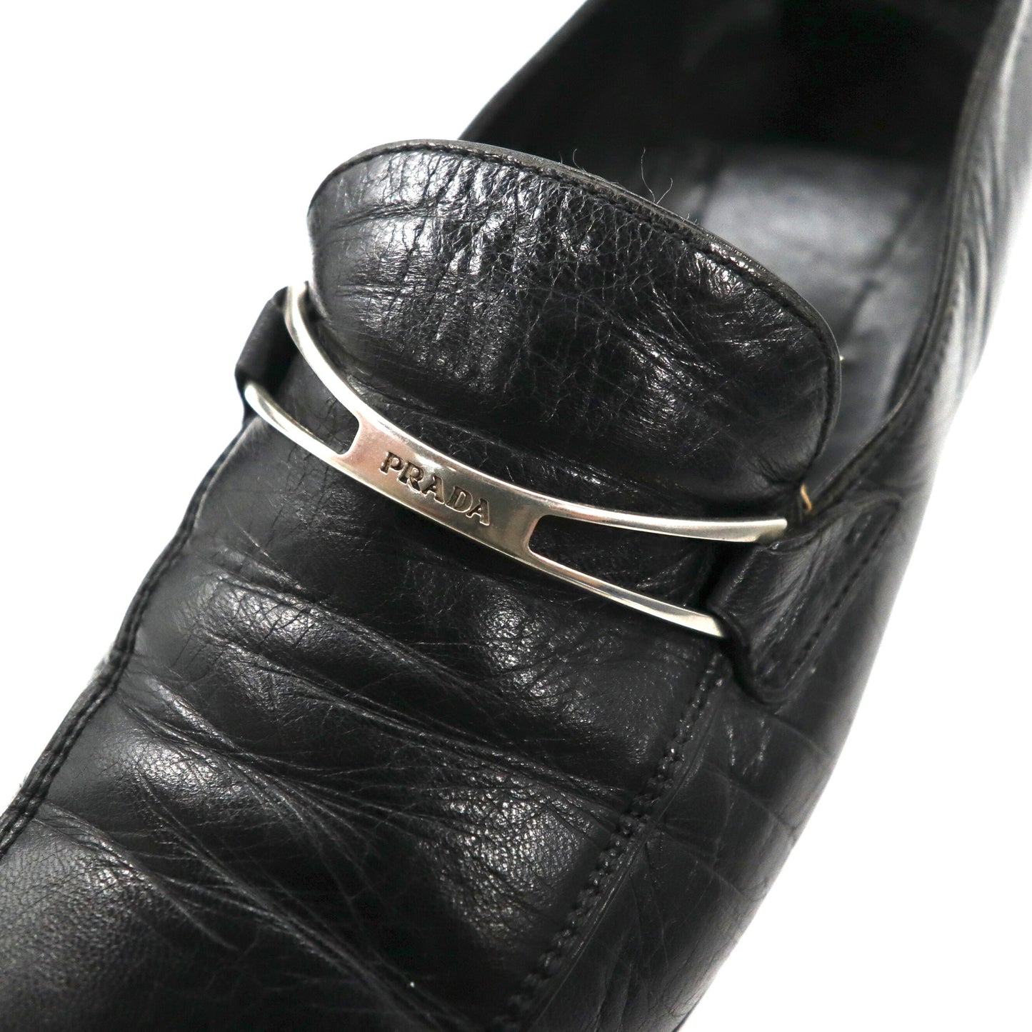 PRADA ローファー 23cm ブラック Vチップ レザー ロゴプレート イタリア製