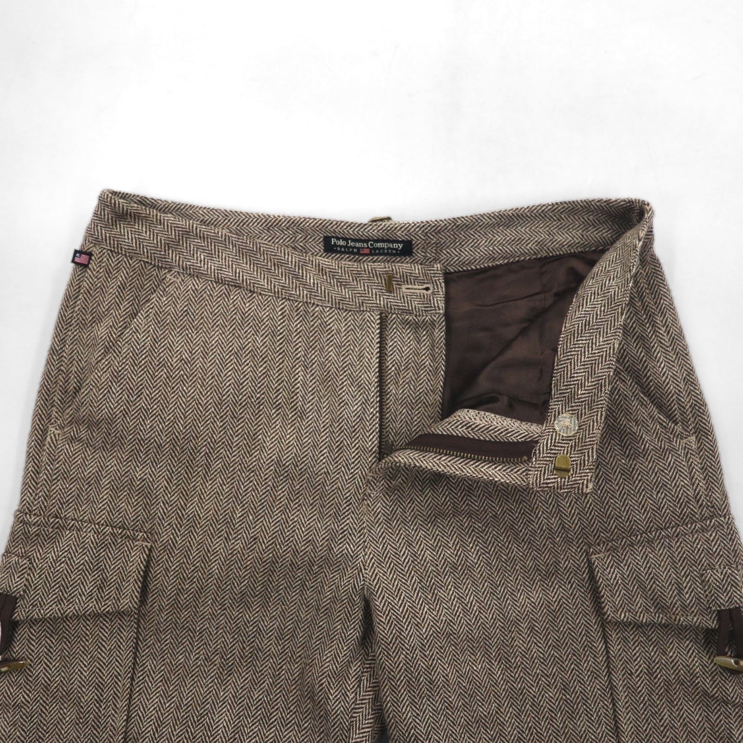 POLO JEANS COMPANY RALPH LAUREN 90年代 ワイド クロップド ツイード パンツ トラウザーズ M ブラウン ウール ヘリンボーン CITY TWEED 未使用品
