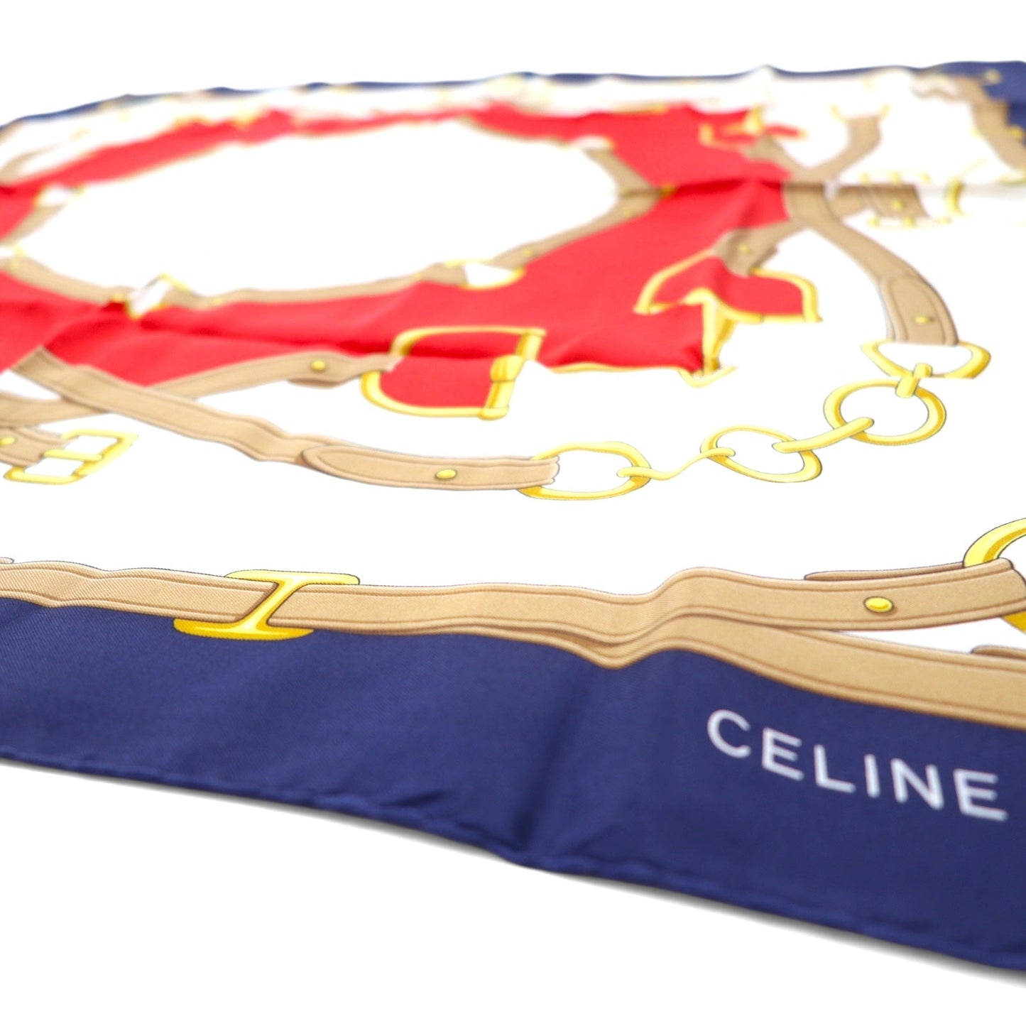 CELINE イタリア製 大判 スカーフ ホワイト ネイビー シルク ホースビット