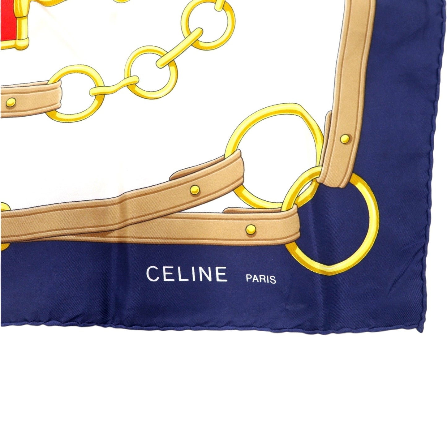 CELINE イタリア製 大判 スカーフ ホワイト ネイビー シルク ホースビット