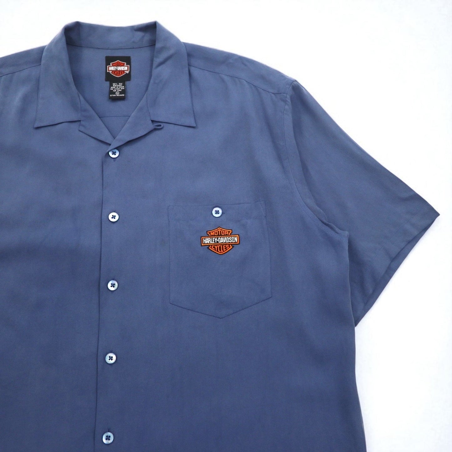 HARLEY DAVIDSON 開襟 シルク オープンカラー 半袖シャツ アロハシャツ XL ネイビー ハワイアン刺繍