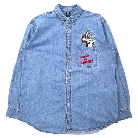 WARNER BROS. 90年代 ビッグサイズ キャラクター刺繍 デニムシャツ M ブルー コットン LOONEY TUNES ワイリー・コヨーテ