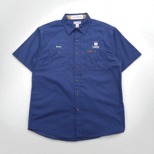 carhartt 半袖 ワークシャツ L ネイビー コットン 胸ポケット アメリカ企業 刺繍 TIMBER 384-19 メキシコ製