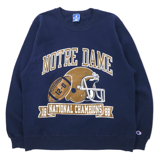 Champion USA製 90年代 カレッジ プリント スウェット L ネイビー コットン 裏起毛 NCAA フットボール NOTRE DAME 3段プリント アーチロゴ 刺繍タグ