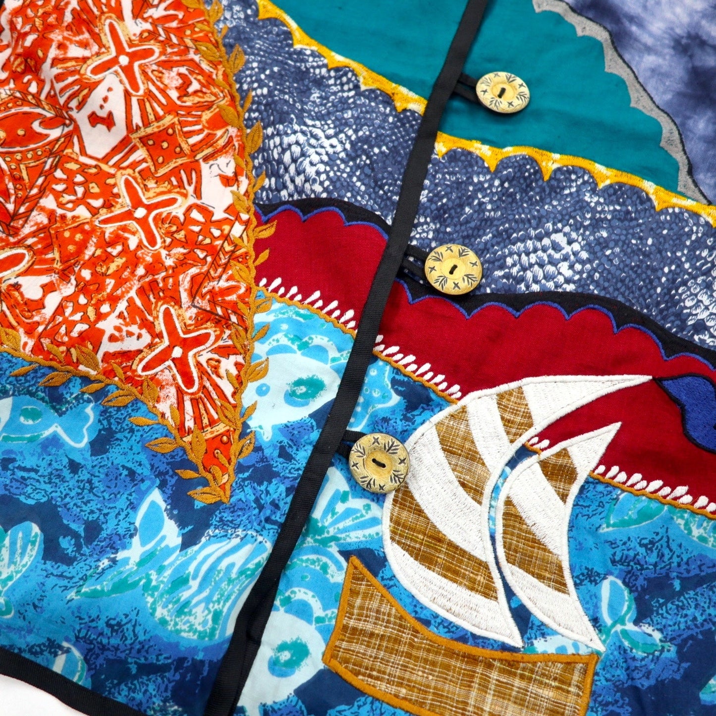 90年代 Julia Kim デザイン刺繍 パッチワーク ジャケット M ブルー 総柄 コットン レーヨン レトロ