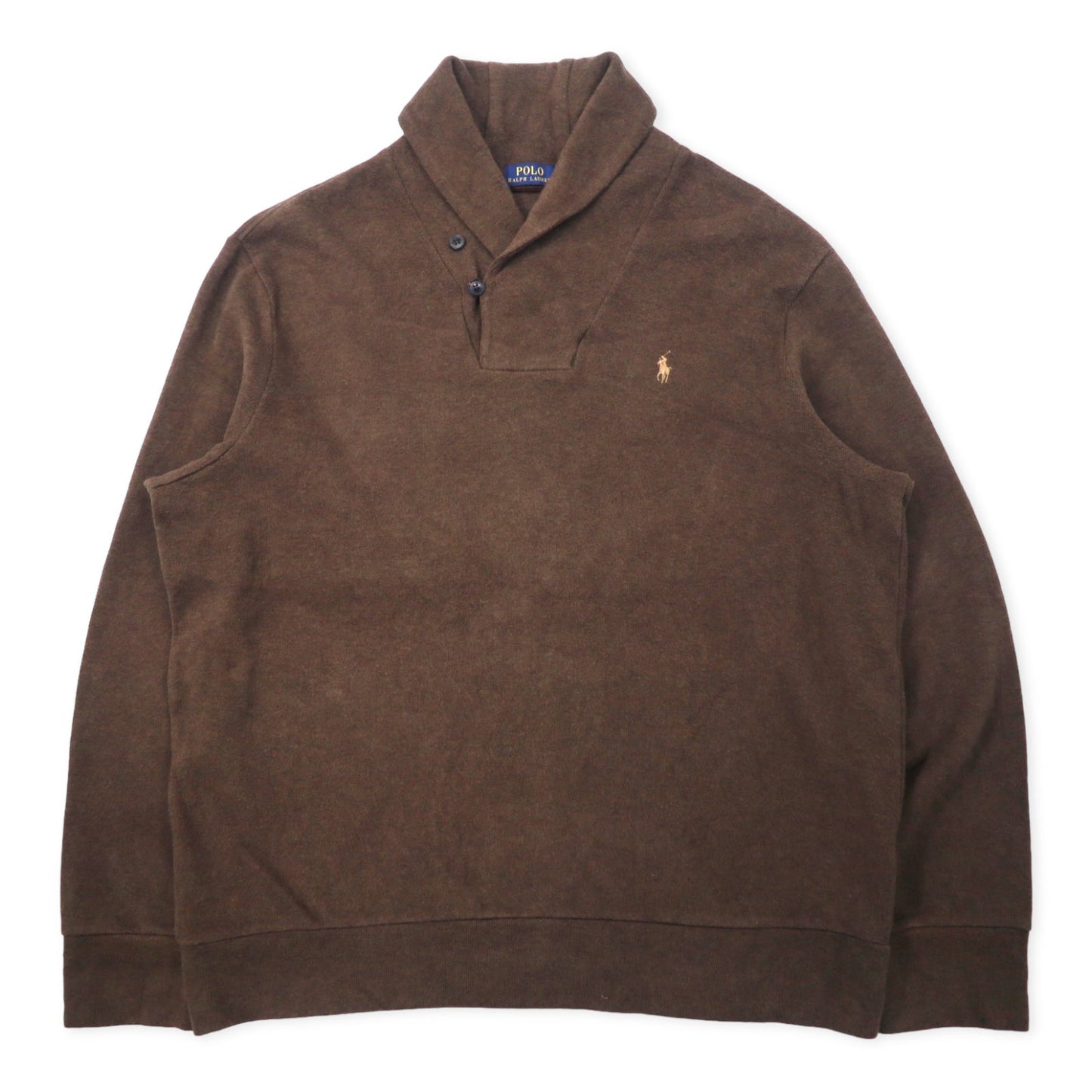 POLO RALPH LAUREN ショールカラー ニット セーター XXL ブラウン コットン エルボーパッチ スモールポニー刺繍 ビッグサイズ