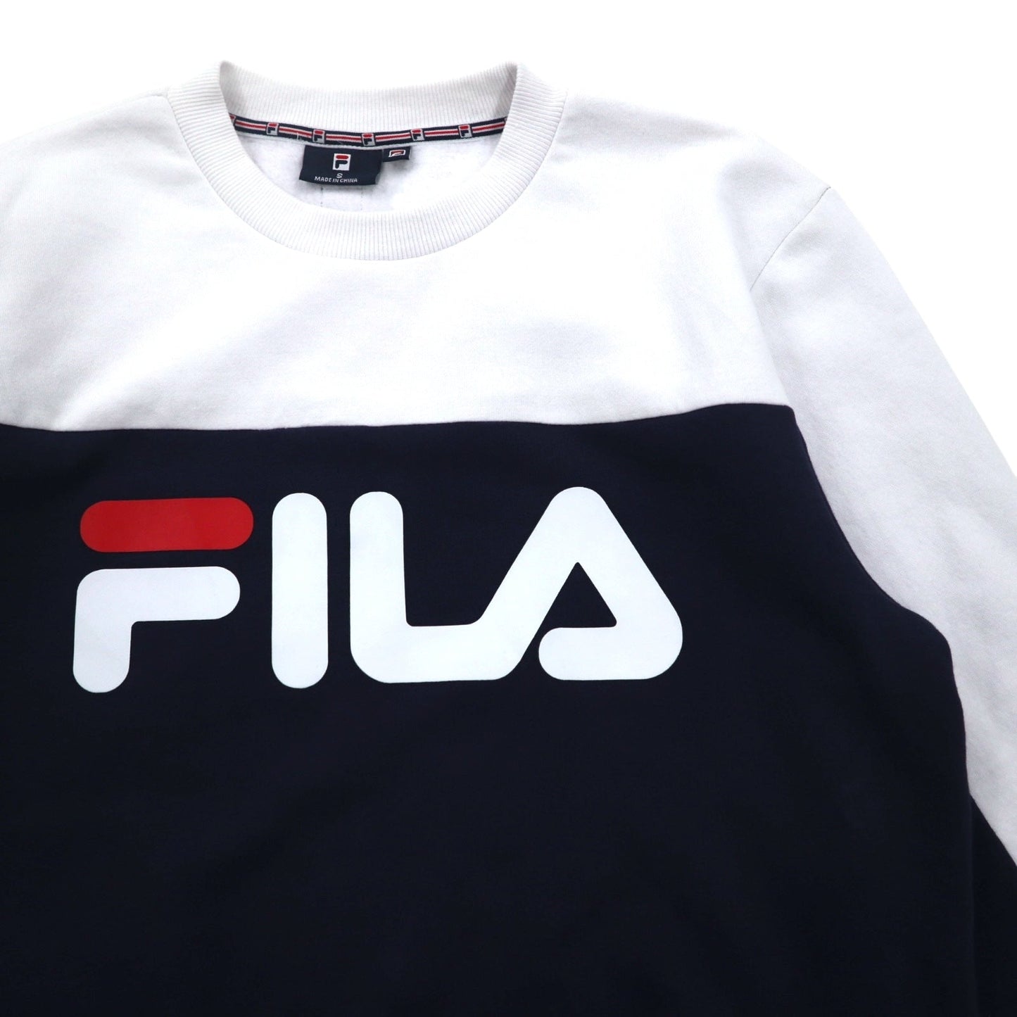 FILA オーバーサイズ ロゴプリント スウェット S ホワイト ネイビー コットン 裏起毛