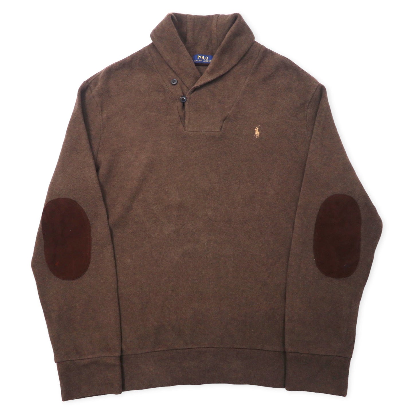 POLO RALPH LAUREN ショールカラー ニット セーター XXL ブラウン コットン エルボーパッチ スモールポニー刺繍 ビッグサイズ