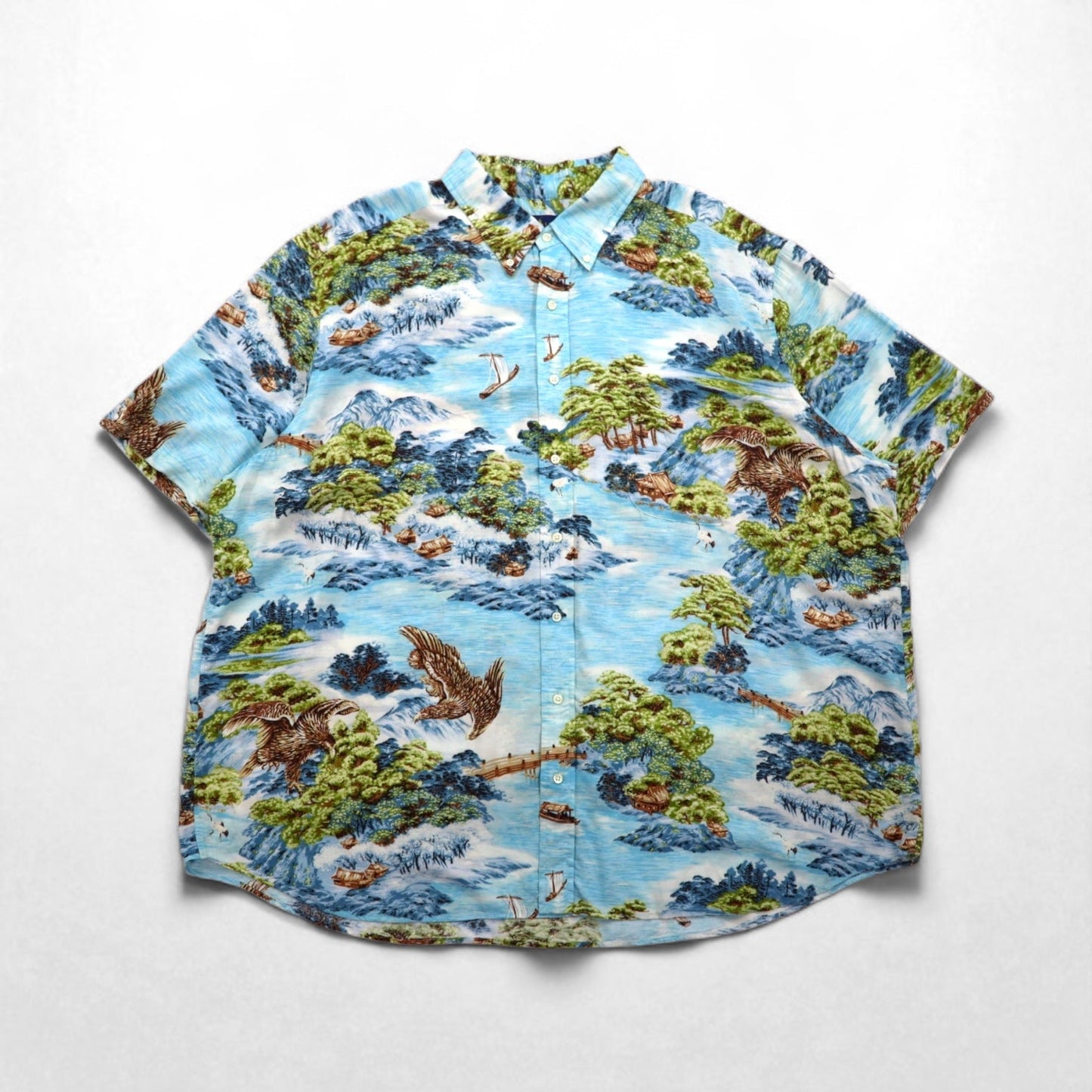 RALPH LAUREN 和柄 ビッグサイズ ボタンダウン アロハシャツ 3XL ブルー レーヨン ビスコース 総柄