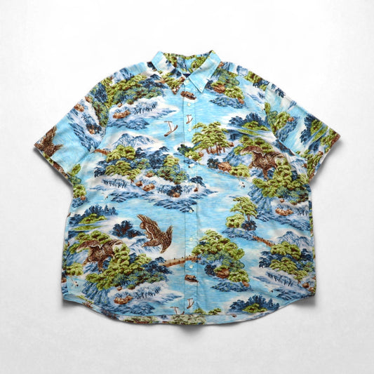 RALPH LAUREN 和柄 ビッグサイズ ボタンダウン アロハシャツ 3XL ブルー レーヨン ビスコース 総柄