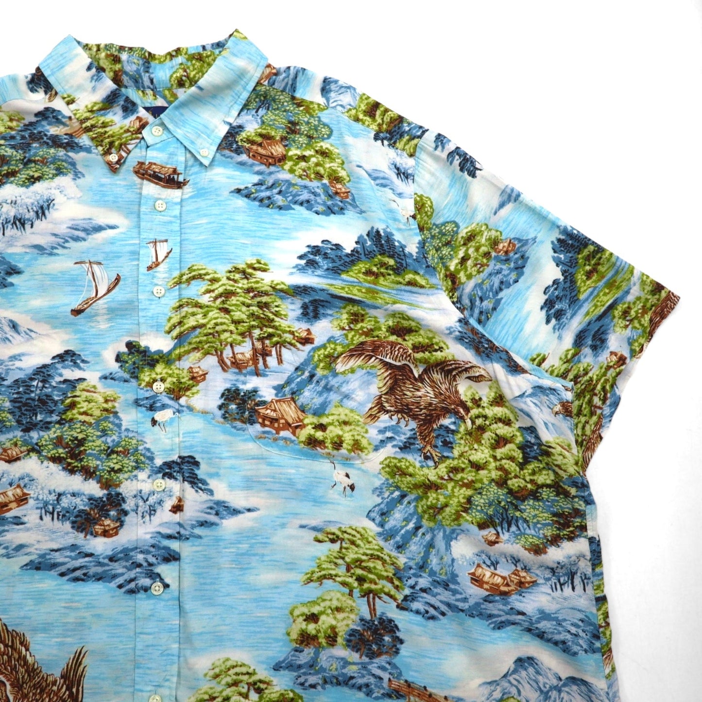 RALPH LAUREN 和柄 ビッグサイズ ボタンダウン アロハシャツ 3XL ブルー レーヨン ビスコース 総柄