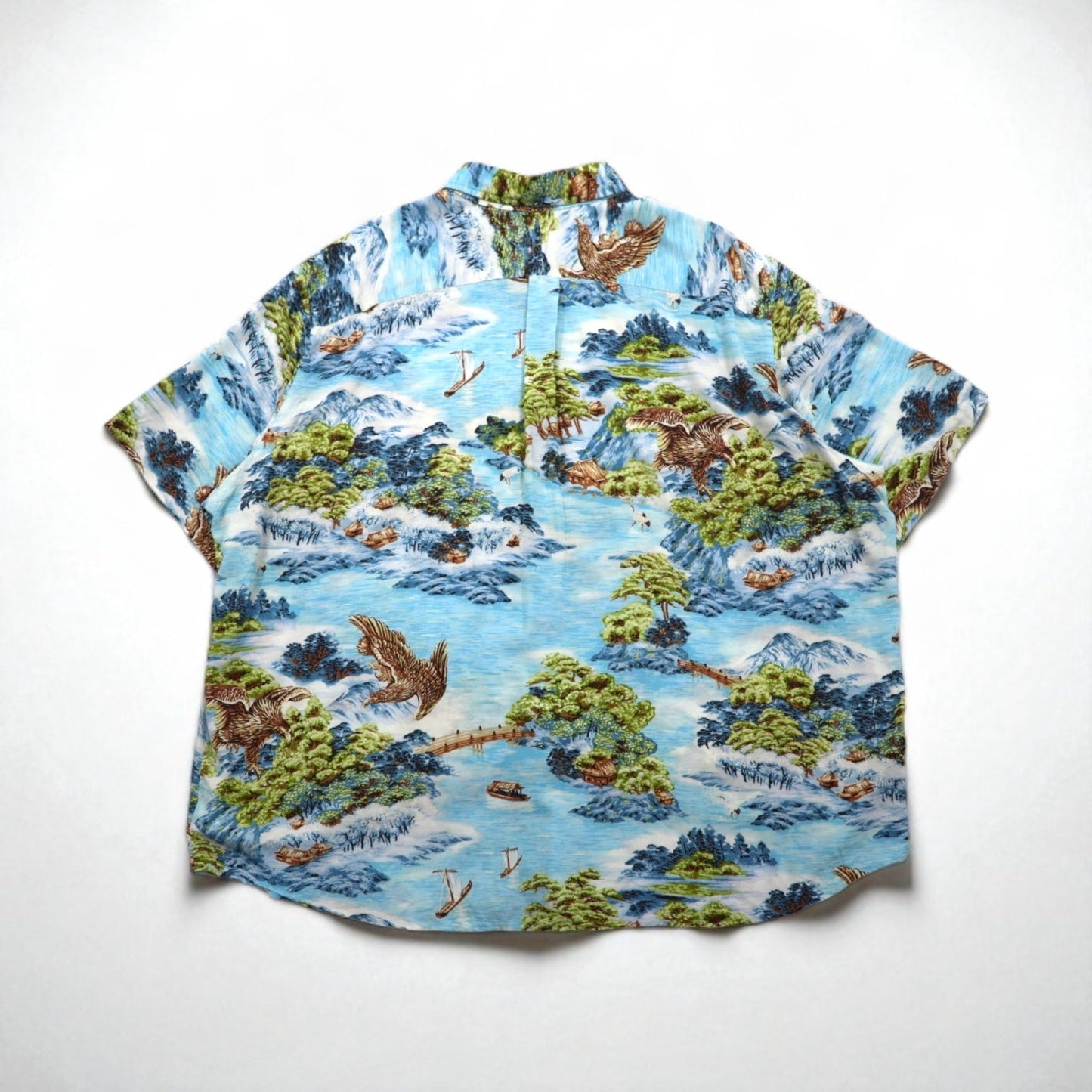 RALPH LAUREN 和柄 ビッグサイズ ボタンダウン アロハシャツ 3XL ブルー レーヨン ビスコース 総柄