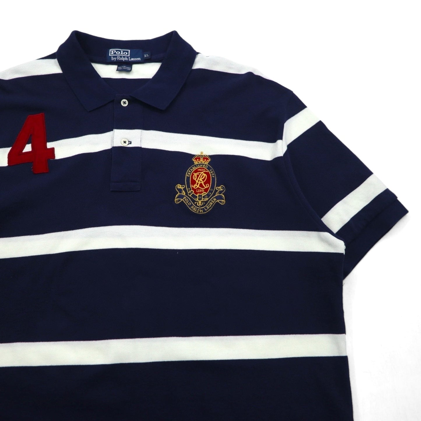 Polo by Ralph Lauren 90年代 ボーダー ポロシャツ XL ネイビー コットン 鹿の子 エンブレムロゴ刺繍