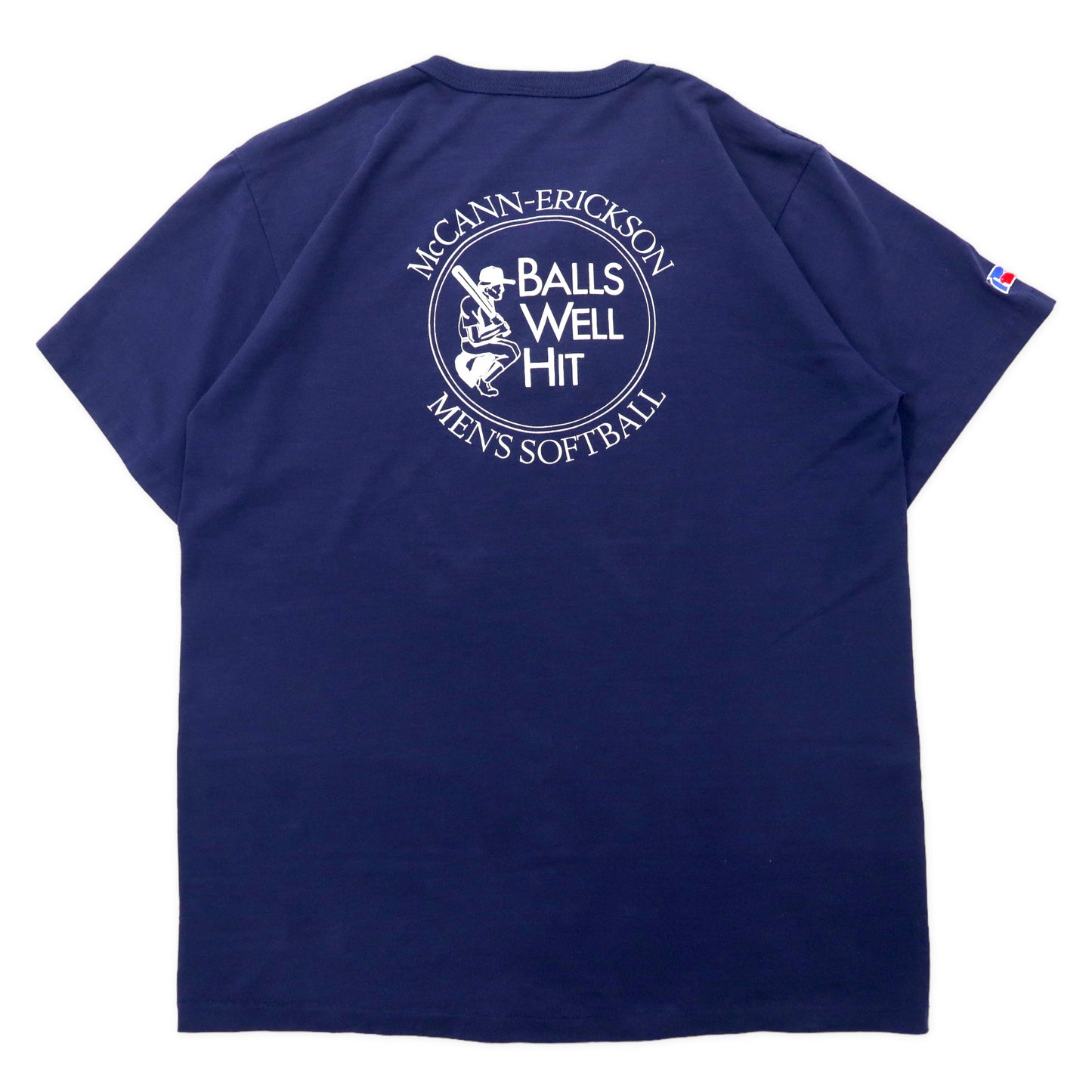 USA製 RUSSELL ATHLETIC 80年代 ヘンリーネック Tシャツ XL ネイビー コットン バックプリント McCANN-ERICKSON MEN'S SOFTBALL
