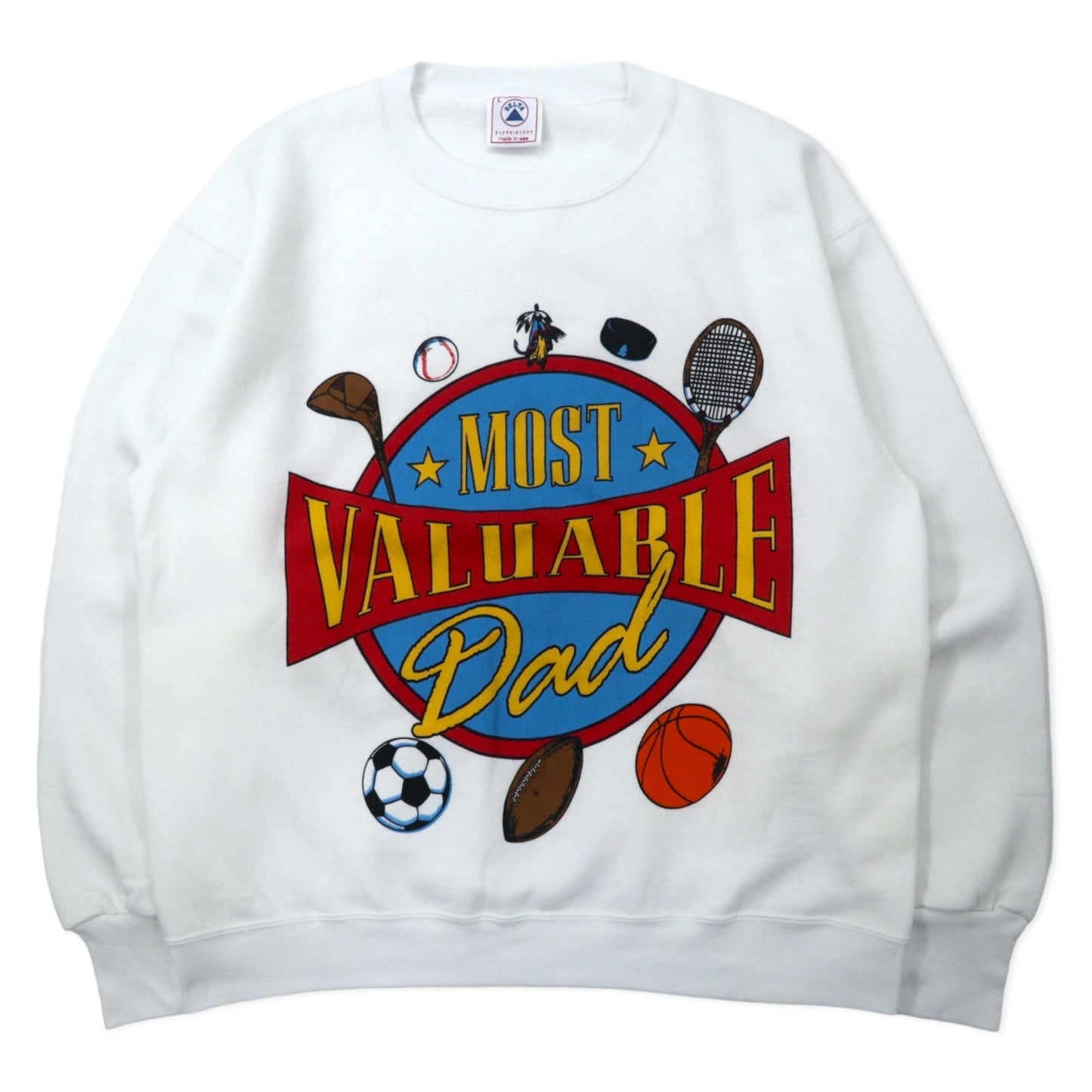 DELTA USA製 90年代 FIFTY-FIFTY プリント スウェット L ホワイト コットン 裏起毛 MOST VALUABLE DAD