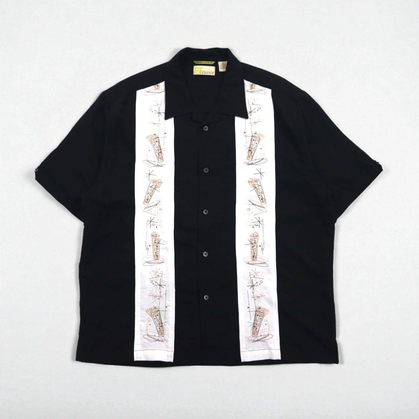 90年代 Cubavera オープンカラー キューバシャツ XL ブラック レーヨン ボックス ラインデザイン 開襟 HERITAGE FIT 刺子 刺繍