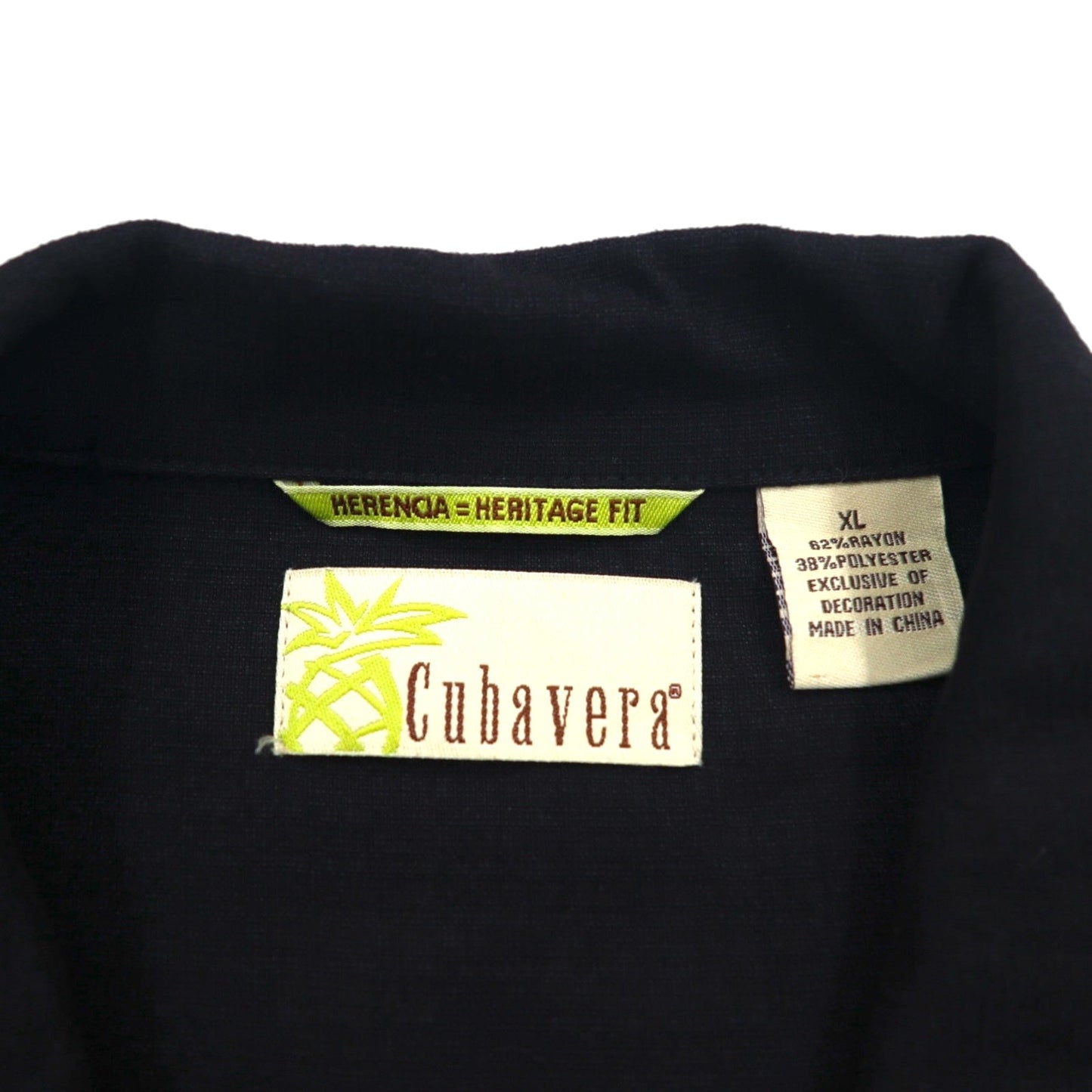 90年代 Cubavera オープンカラー キューバシャツ XL ブラック レーヨン ボックス ラインデザイン 開襟 HERITAGE FIT 刺子 刺繍