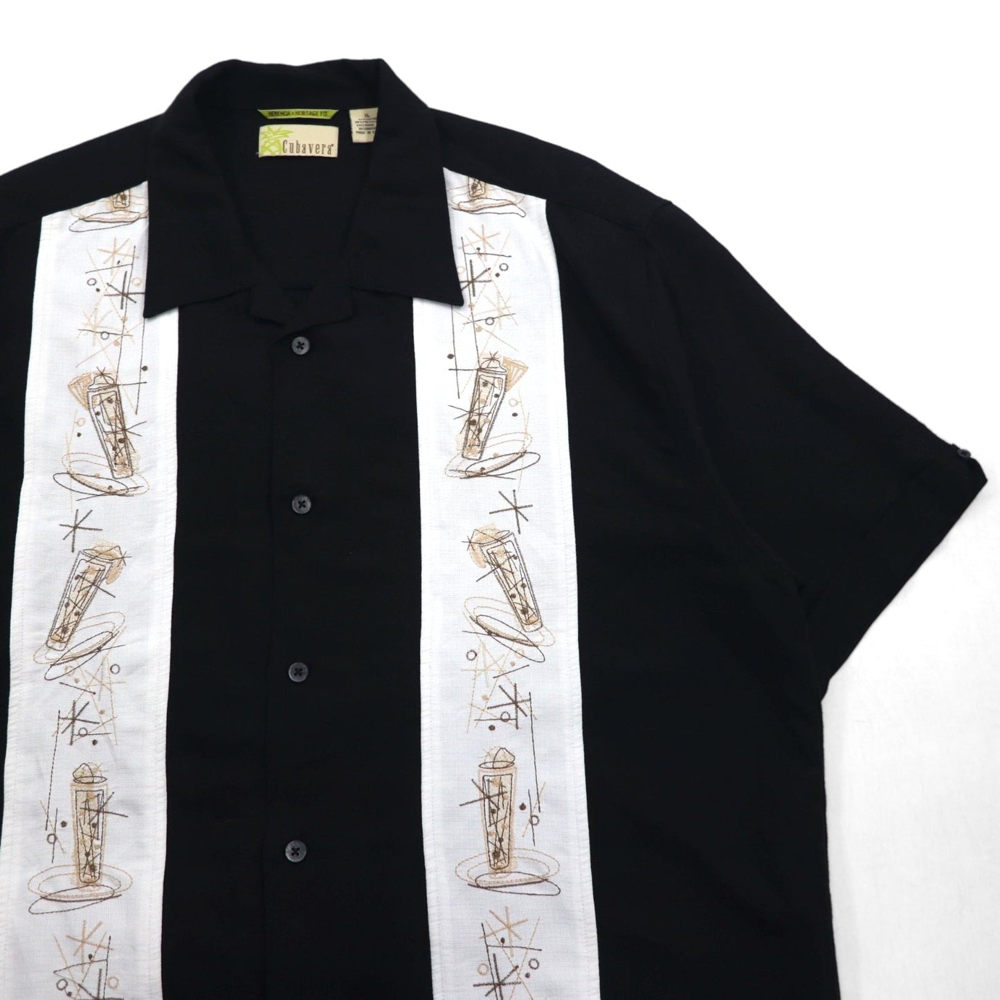 90年代 Cubavera オープンカラー キューバシャツ XL ブラック レーヨン ボックス ラインデザイン 開襟 HERITAGE FIT 刺子 刺繍